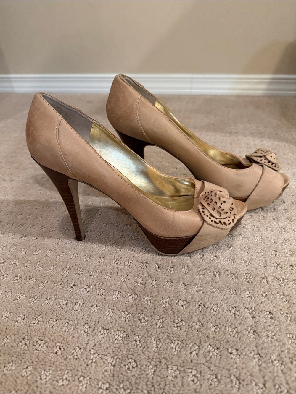Guess Nude Peep-Toe Platform Heels with Floral Accent